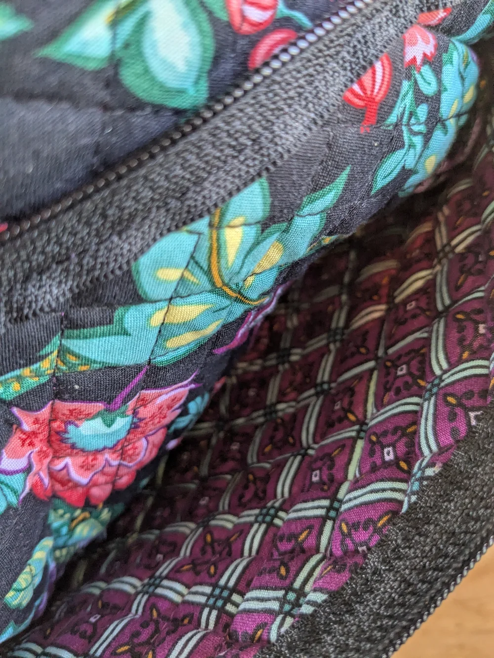 Vera Bradley Black Floral Quilted Cosmetic Pouch with Pink & Blue Blooms NWOT